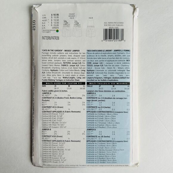 Butterick Pattern 4910 Vintage Misses Jumper Cat Appliques Sz 8-18 Uncut - Picture 2 of 2